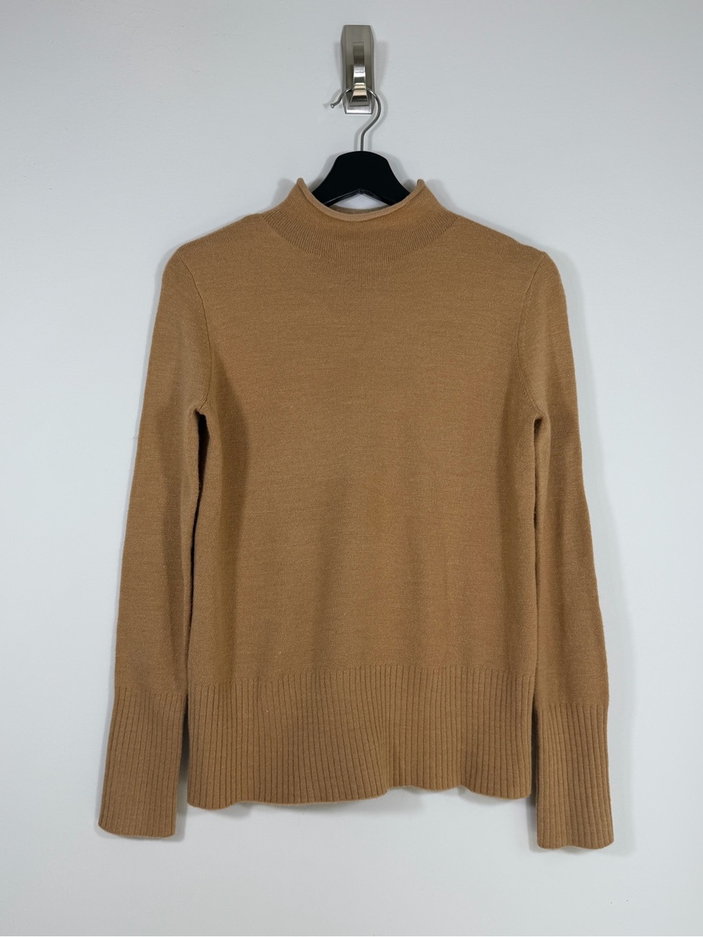 French Connection Camel Mock Neck Ribbed Sweater Women’s M Minimalist